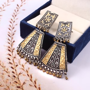 Antique German Silver Dual Tone Oxidized Stud Earring, Dual Tone Stud Earring, Fashion Earring, Ethnic Jewelry, Gift Jewelry, 2.3 inch