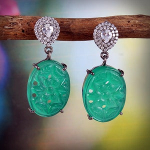 Natural green chalcedony carved gemstone 925 silver earrings, designer earrings, fine silver earring, women silver earrings, engagement gift