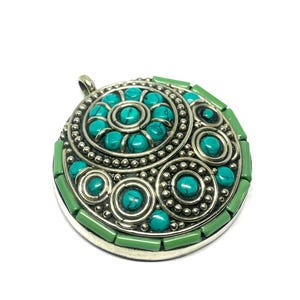 Ethnic Style Tibetan Turquoise Silver Pendants, Antique Silver Tibetan Jewelry, Handmade Turquoise Silver Pendants, Vintage Tibetan Jewelry,