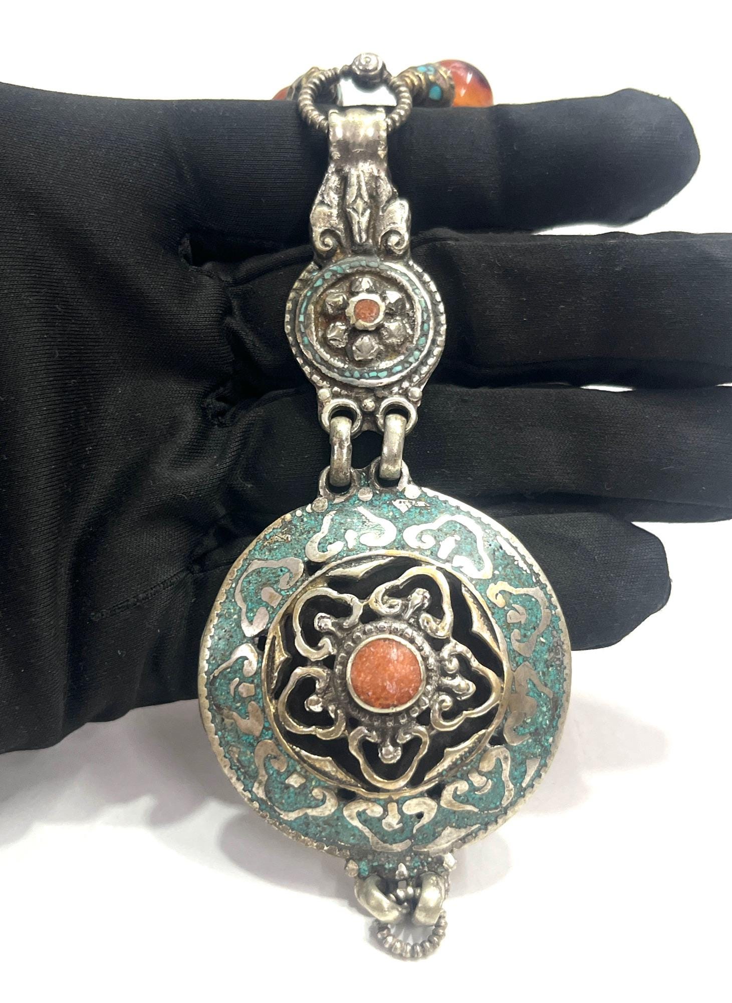 ヴィンテージチベットシルバーネックレス、エスニックハンドメイド