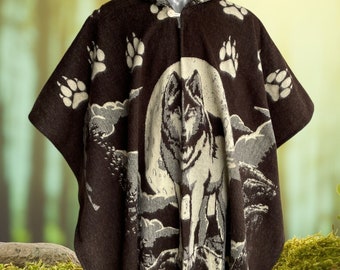 Poncho van alpacawol met capuchon | Zachte en comfortabele wol - Lichtgewicht | Wolf en maan | kleur bruin | Gemaakt door inheemse handen | Cadeau ideeën