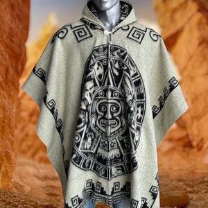Alpaca Wool Poncho with Hood | Soft and Comfortable Wool - Lightweight | Native Design Maya Aztec Calendar | white | by Indigenous Hands