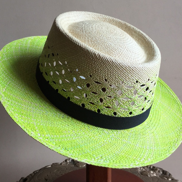 Genuine Vented Panama Hat from Ecuador "Gambler" neon green - Highest quality hat of toquilla straw | Handmade Sun hat | For men and women