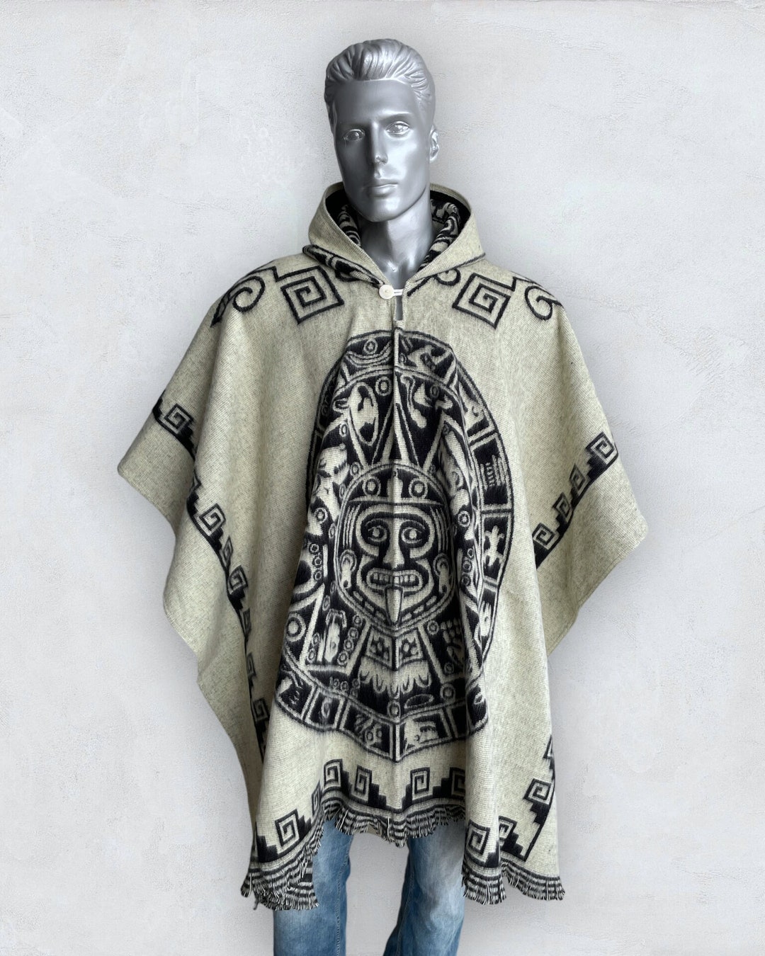 Poncho With Hood Native Design Maya Aztec Calendar Soft and Comfortable ...