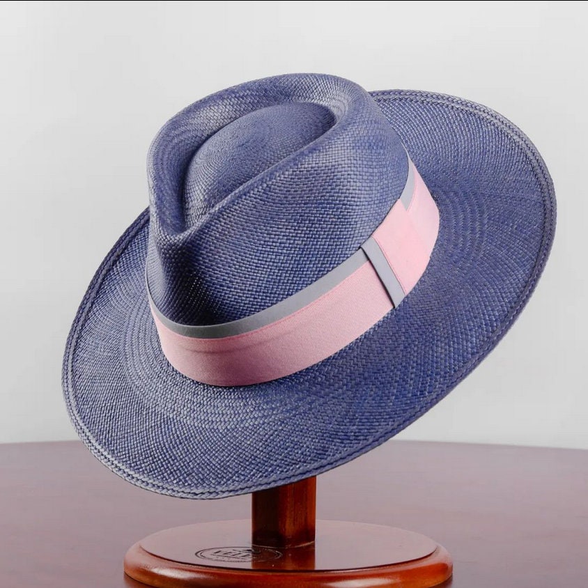 Handmade Brown Designer Fedora Hat w/ blue snake bottom size Large 