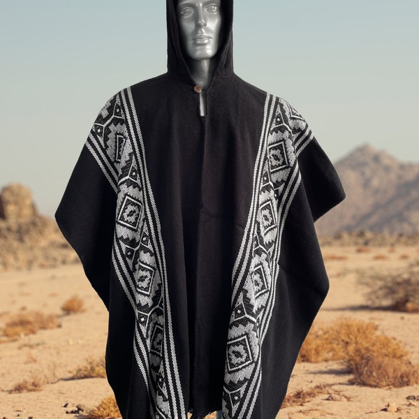 Alpaca Poncho with Hood - black | Soft and Comfortable Wool - Lightweight | Native Design | Made by Indigenous Hands | Gift Ideas