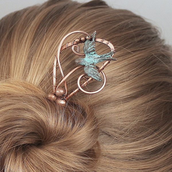 Hair Fork, Hair Stick, Patina Copper HairPin with Flying Bird, Antiqued and Wire Wrapped, Unusual Hair Accessories for Women Gift for Her