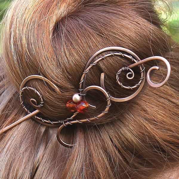 Copper Hair Barrette for Women, Large Hair Clip with Stick, Wire Wrapped with Choice of Sparkling Beads, Hair Slide, Bun Holder