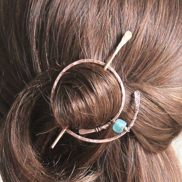 Aqua Blue Recycled Glass Bead Hair Barrette for Women, Hammered Copper Circle Hair Clip  Handmade
