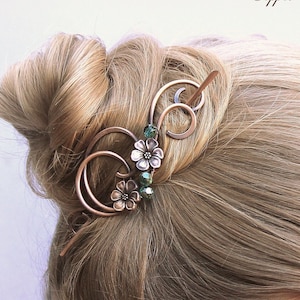 Apple Blossom Flower Hair Clip for Women with Aqua/Green Beads, Floral Copper or Silver Hair Brooch or Barrette, Copper Jewelry