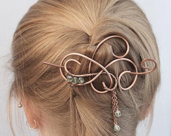 Copper or Silver Hair Accessory with Silver Tipped Cathedral Beads and Dangling Chain, Blue, Green or Purple,  Hair Clip Barrette for Women
