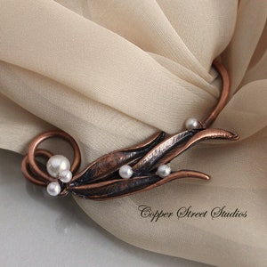 Copper Leaves and White Pearls Shawl Pin, Scarf Pin or Slide, Copper Jewelry Handmade