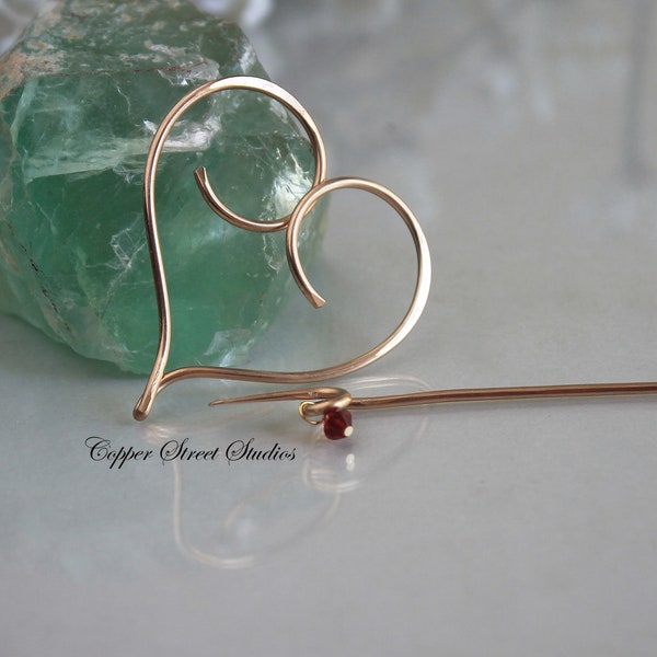 Small Heart Hair Clip with Red Crystal, Very Small Hair Pin for Thin or Fine Hair in Copper, Golden Bronze or Silver