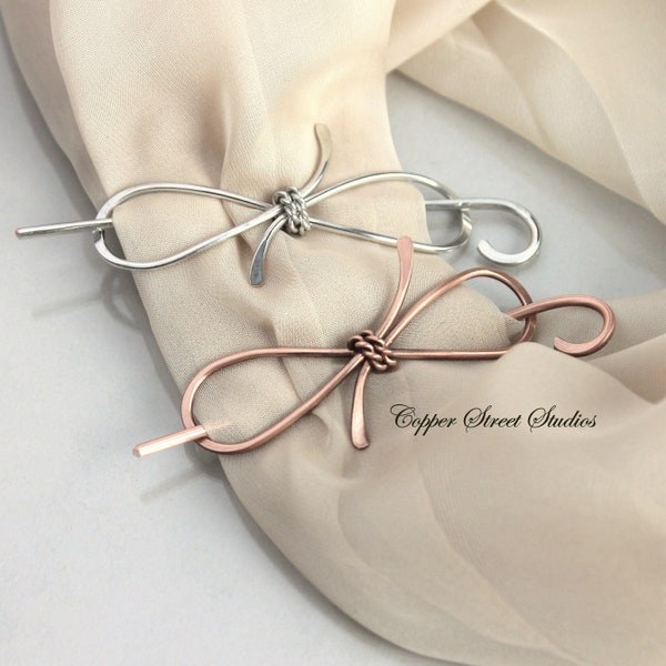 Copper, Bronze or Silver Bow Shawl Pin, Scarf Pin with Twisted Wire, Handmade Sweater Pin or Brooch, Handmade Knitters Gift