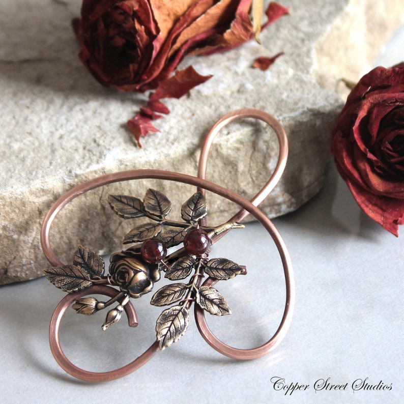 Copper Hair Clip for Women with Dark Red Garnet Stones and Brass Ox Rose Spray