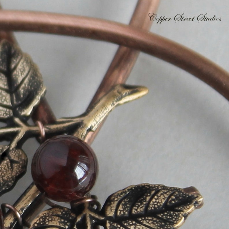 Copper Hair Clip for Women with Dark Red Garnet Stones and Brass Ox Rose Spray