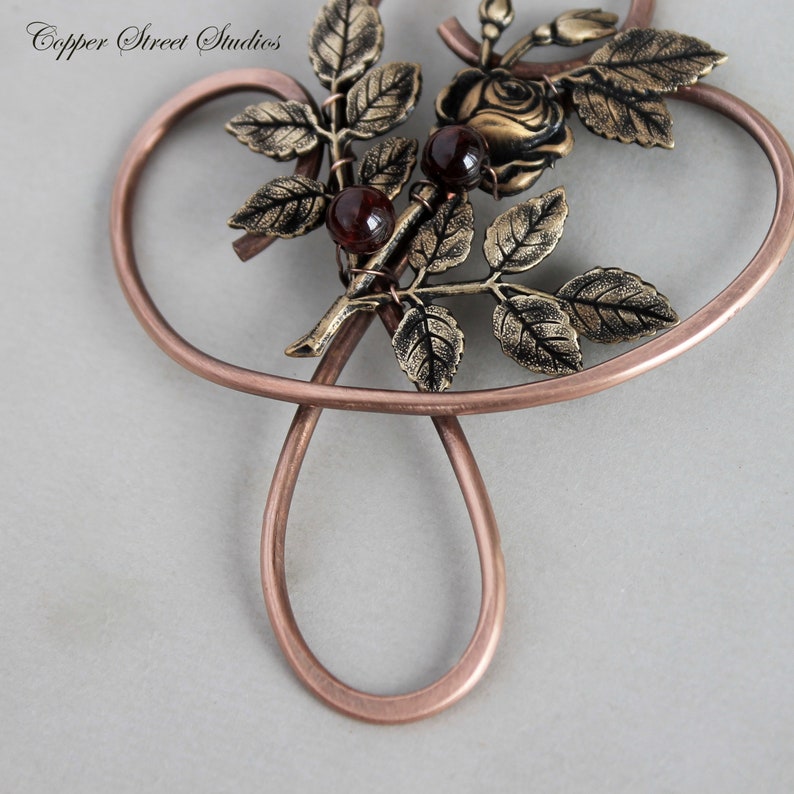Copper Hair Clip for Women with Dark Red Garnet Stones and Brass Ox Rose Spray