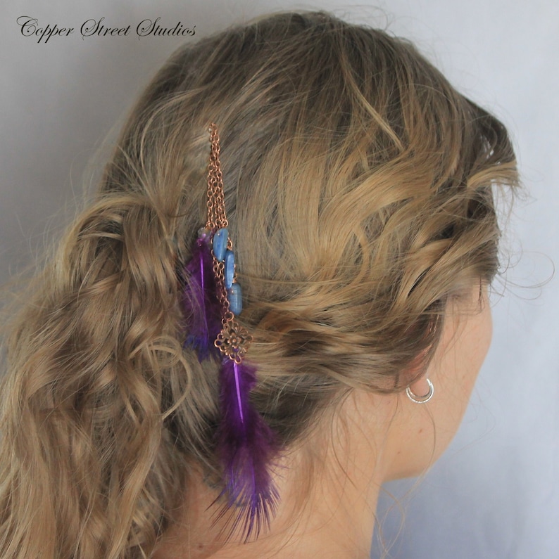 Blue Kyanite Stones and Floral Copper Connector Festival Clip in Hair Jewelry with Purple Feathers Bun Pin Hair Pendant Charm
