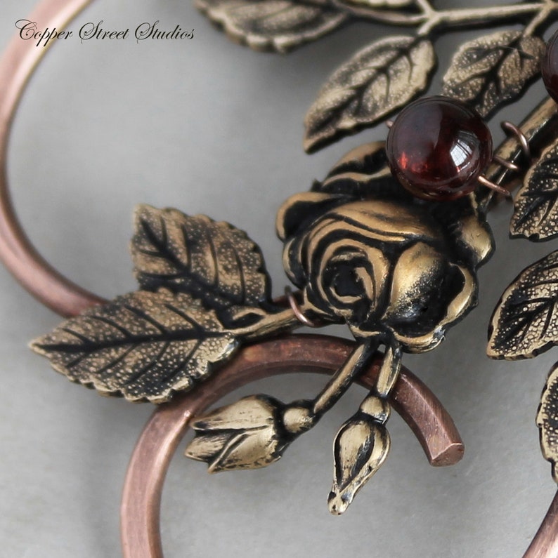 Copper Hair Clip for Women with Dark Red Garnet Stones and Brass Ox Rose Spray