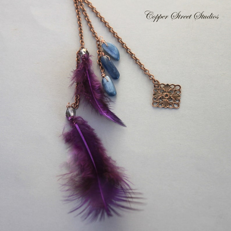 Blue Kyanite Stones and Floral Copper Connector Festival Clip in Hair Jewelry with Purple Feathers Bun Pin Hair Pendant Charm