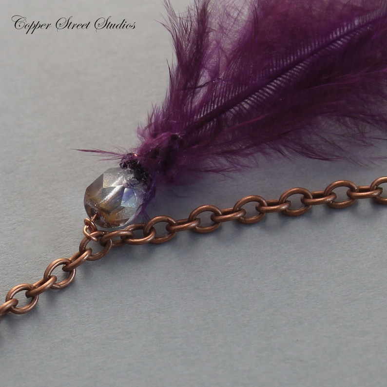 Blue Kyanite Stones and Floral Copper Connector Festival Clip in Hair Jewelry with Purple Feathers Bun Pin Hair Pendant Charm