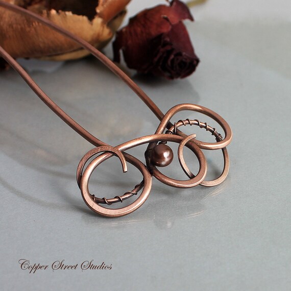 Metal Hair Fork Hammered Copper And Wire Wrapped With Brown Etsy
