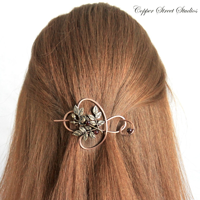 Copper Hair Clip for Women with Dark Red Garnet Stones and Brass Ox Rose Spray