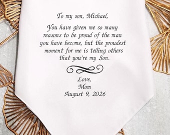 Son Wedding Handkerchief Gift from Mom, Mother of the Groom Embroidered Keepsake, Custom Message for Son, 1451