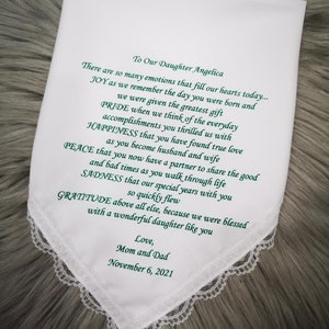 Presente de casamento para nossa filha, presente da mamãe e do papai, presente dos pais, lenço de casamento personalizado, presente para o dia do casamento da filha, HY1019B