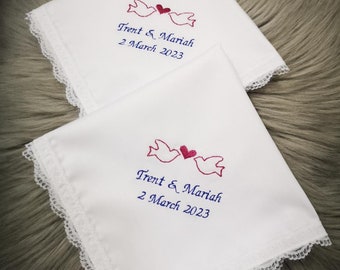 2 x Personalized embroidered names and date hankie, Ready for-weddings gift,anniversaries gift,birthday gift,Christmas gift,1006E