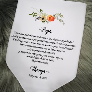 Papa Handkerchief, Wedding, Spanish, Customized Printed Hankies, Hoy me entragas al amor de mi vida,Orange silver flower, floral motif-1285