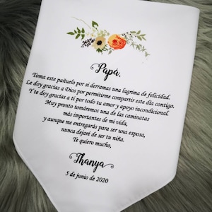 Pañuelo de Papa, Boda, Español, Pañuelos Estampados Personalizados, Hoy me entragas al amor de mi vida, Flor naranja plateada, motivo floral-1285