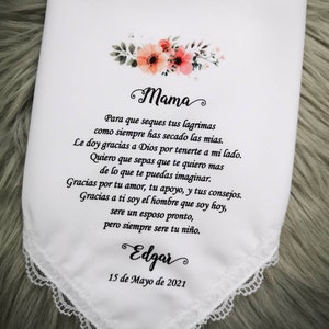 Spaanse ouders bruiloft zakdoek voor moeder van bruidegom-aangepast cadeau, cadeau van zoon, pero siempre sere tu niño, roze, bloemmotief, HY1311