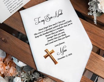 Son Handkerchief Gift from Mom – Religious Design with Pale Gold Cross Symbol – Thoughtful Keepsake for Any Occasion, 1480