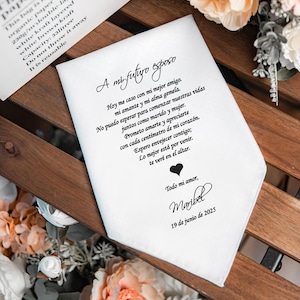 Pañuelo de boda personalizado impreso para el novio de la novia, emotivo mensaje en español, sobre de regalo y tarjeta de felicitación gratis, 1315