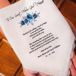 Pañuelo personalizado para niña de las flores, recuerdo de "Algo Azul" para los novios, pañuelo de encaje floral con estampado personalizado, recuerdo para el día de la boda - 1397