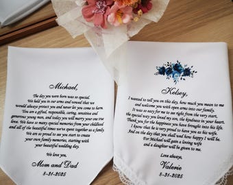 Wedding handkerchief Set, Groom Gift from Parents, Bride Gift from Mother-in-Law, Wedding Keepsake Handkerchief, Free Shipping, 1481