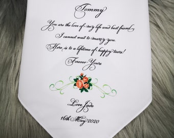 Gift for husband on wedding day, Personalized handkerchief, Groom handkerchief from bride, Bouquet wedding design, HY1046