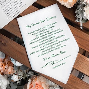 Personalized Wedding Handkerchief for son on his wedding day, Handkerchief from Mom, Mama Bear, ma, Mam, Mum, 1458