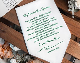 Personalized Wedding Handkerchief for son on his wedding day, Handkerchief from Mom, Mama Bear, ma, Mam, Mum, 1458
