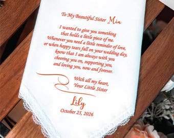 Personalized Wedding Handkerchief for Bride on her wedding day,Handkerchief from Little Sister, Big Sister, Little Brother,Big Brother, 1452