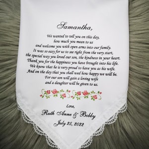 NEW Personalized Handkerchief for Daughter in law gift from Parents of the Groom, welcome you with open arms into our family HY1206H