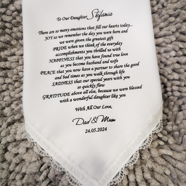 Daughter Gift From Mom and Dad, Daughter, Bride Gift, Bridal, To Our Daughter On Her Wedding Day, Wedding Gift Printed Handkerchief- HY1019C