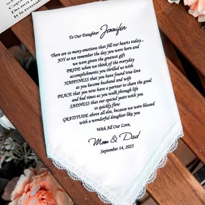 Personalisiertes Hochzeits-Taschentuch für die Braut - individuell bedrucktes Andenken, Tochter Geschenk von Mama und Papa an ihrem Hochzeitstag, HY1019C