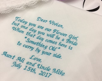 Pañuelo bordado para niña de las flores, regalo personalizado de los novios para el día de la boda.