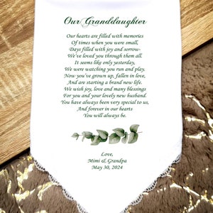 Our Granddaughter Handkerchief, Gift from Grandparents, We wish joy, love ,blessings, Green, Eucalyptus leaves motif, White hankie, HY1180