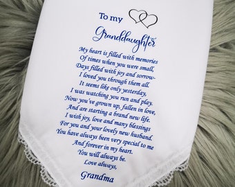 To my Granddaughter on her wedding day Handkerchief from Grandmother, Nan, grandma ,Nana, Nanny ,HY1180B