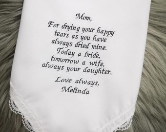 Gift for Mother of the Bride from Daughter- Personalized Embroidery hanky,Wedding Handkerchief For Mom- Custom Handkerchief for Mother,1124E