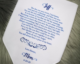 Son Gift Ideas, Son wedding handkerchief from his Mother, Sentimental Keepsake Gift for Son, Perfect Gift For Wedding, HY1280