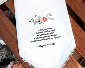 Mother of the bride happy tear handkerchief on daughter wedding day,Personalized Gift from Mom,Design floral,Orange and gray wedding,HY1475